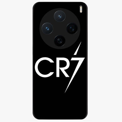 Cr7 Elite Strike Glass Case showing flat back view with dynamic football inspired artwork and glossy glass finish.