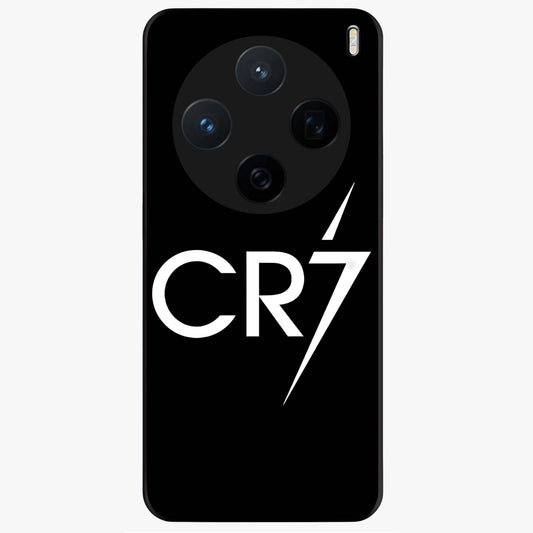 Cr7 Elite Strike Glass Case showing flat back view with dynamic football inspired artwork and glossy glass finish.