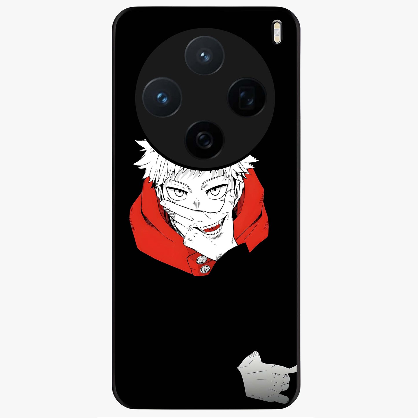 Crimson Chaos Smile Glass Case showing flat back view with bold chaotic smile artwork and glossy glass finish.