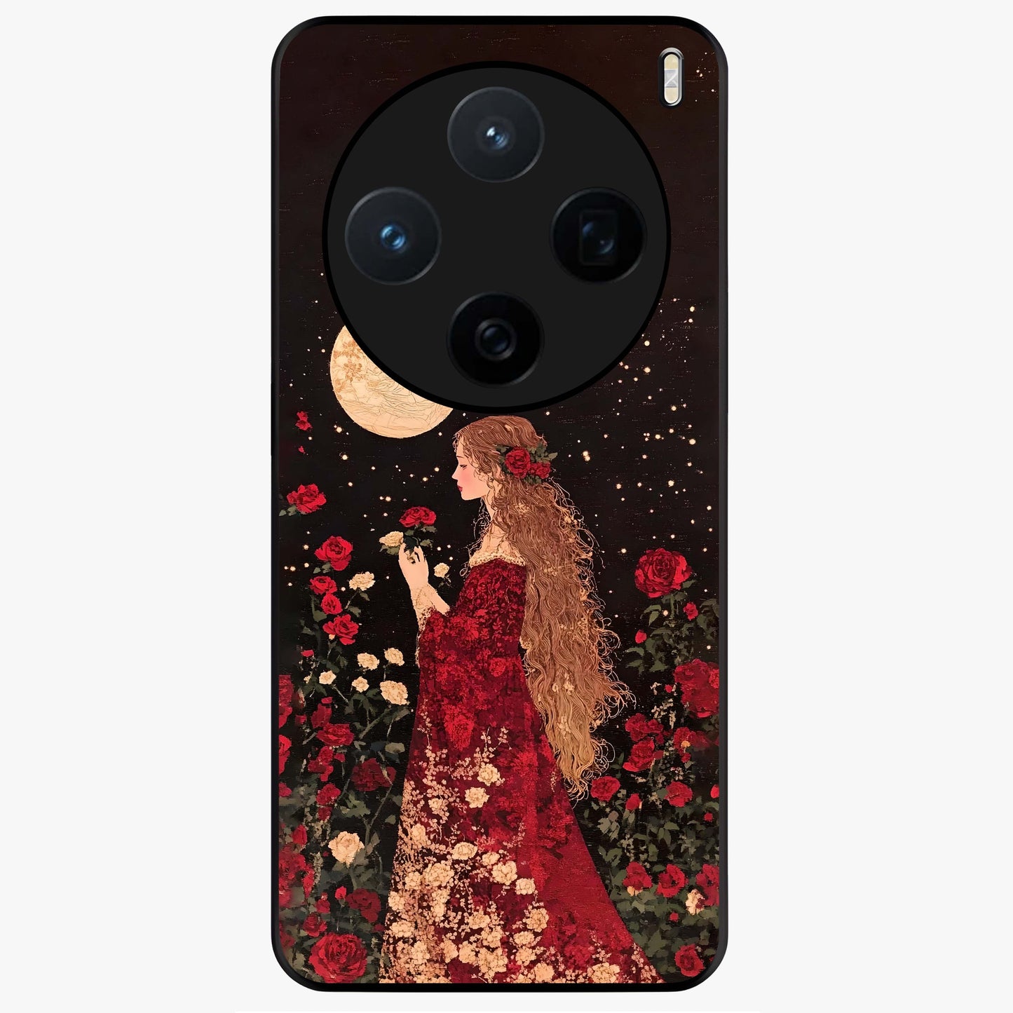 Crimson Dreams Glass Case showing flat back view with dreamy crimson artwork and glossy glass finish.