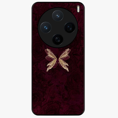 Crimson Fade Butterfly Glass Case showing flat back view with fading butterfly artwork and glossy glass finish.