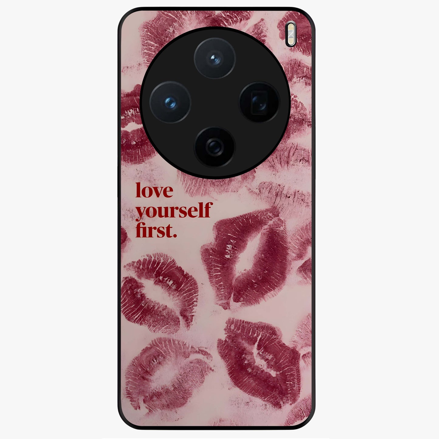 Crimson Kiss Love Glass Case showing flat back view with romantic crimson themed artwork and glossy glass finish.