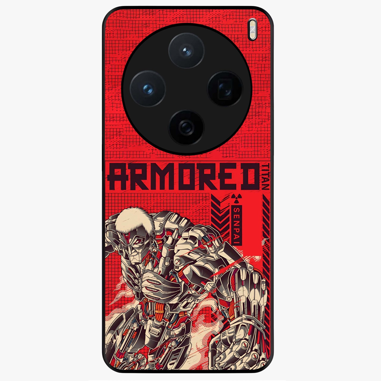 Crimson Mecha Titan Glass Case showing flat back view with powerful mech titan artwork and glossy glass finish.