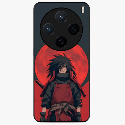 Crimson Moon Warlord Glass Case showing flat back view with mystical moon warrior artwork and glossy glass finish.