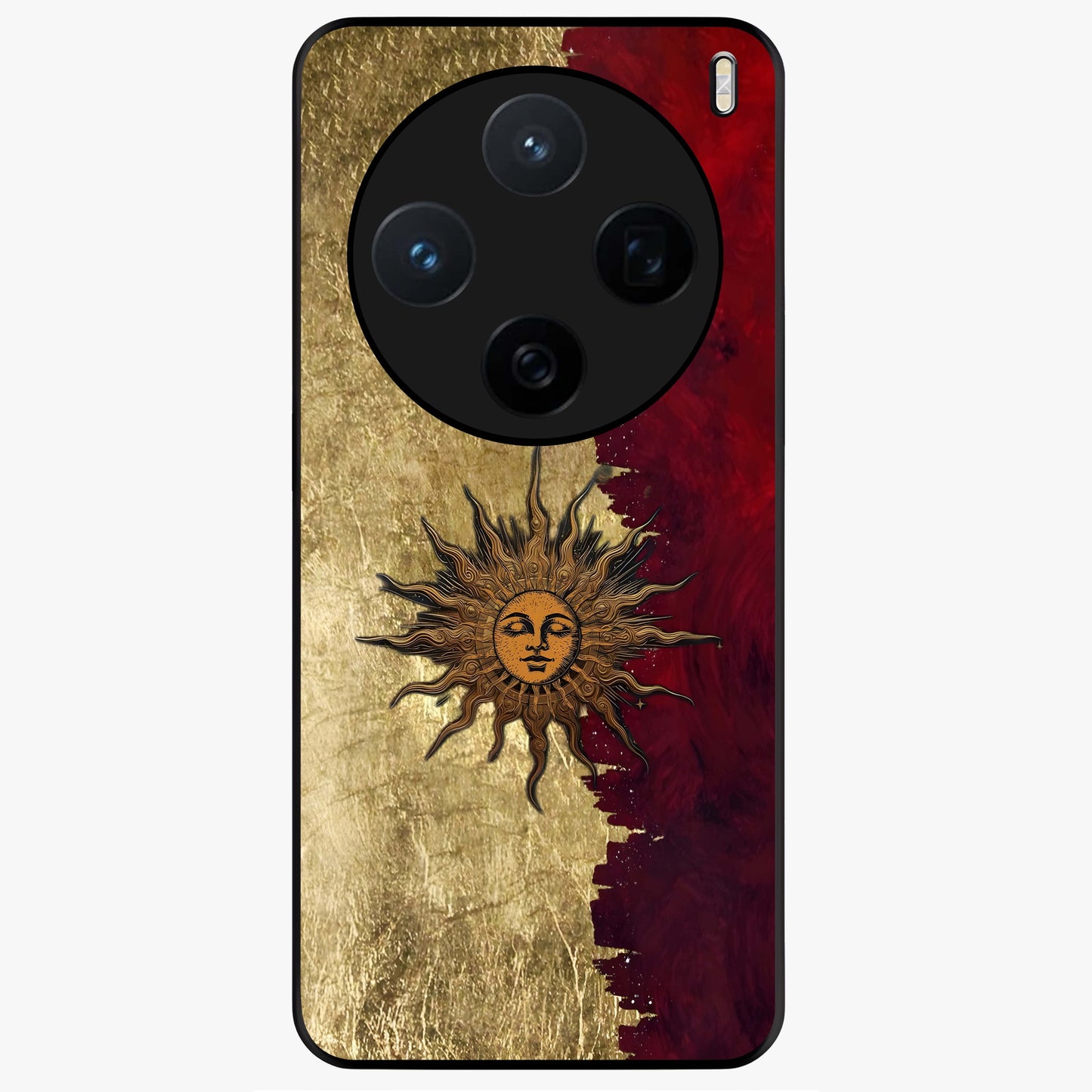 Crimson Sun Majesty Glass Case showing flat back view with radiant sun inspired artwork and glossy glass finish.