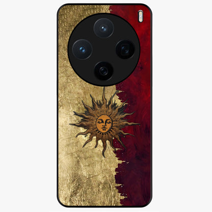 Crimson Sun Majesty Glass Case showing flat back view with radiant sun inspired artwork and glossy glass finish.