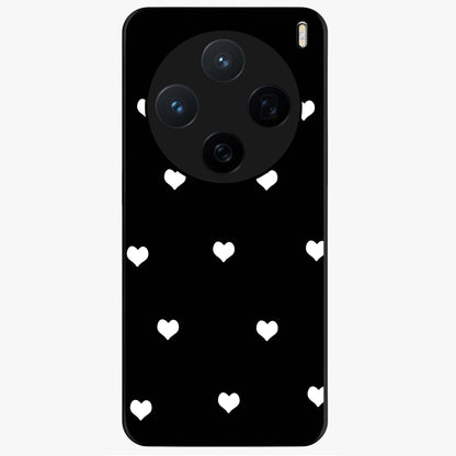 Cute And Simple White Hearts Glass Case showing flat back view with minimal white heart pattern and glossy glass finish.