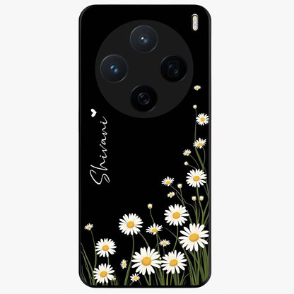 Daisy Cascade Custom Name Glass Case showing flat back view with cascading daisy flowers and personalized name design.