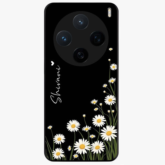 Daisy Cascade Custom Name Glass Case showing flat back view with cascading daisy flowers and personalized name design.