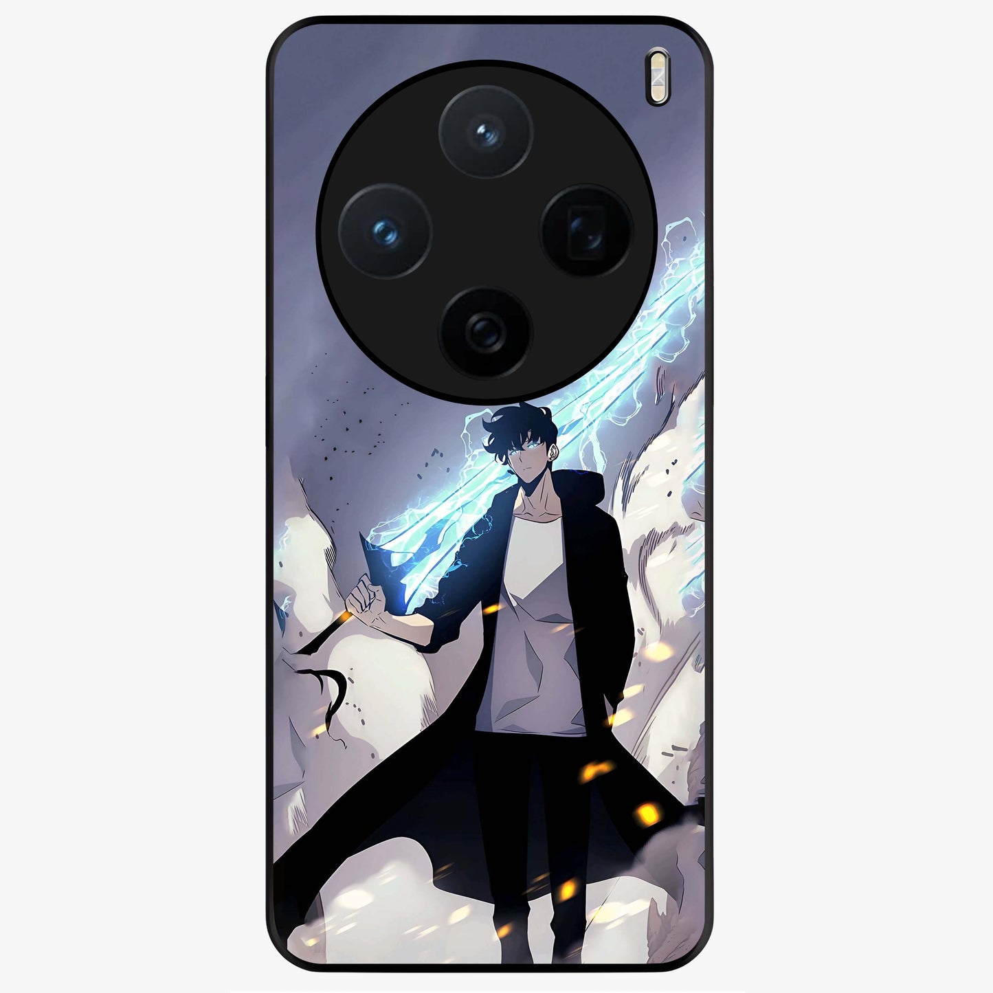 Dark Lightning Anime Warrior Glass Case showing flat back view with intense anime warrior artwork and glossy glass finish.