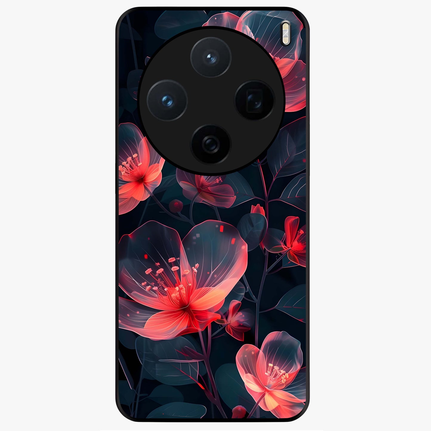 Dark Shade of Flower Glass Case showing flat back view with elegant dark floral artwork and glossy glass finish.