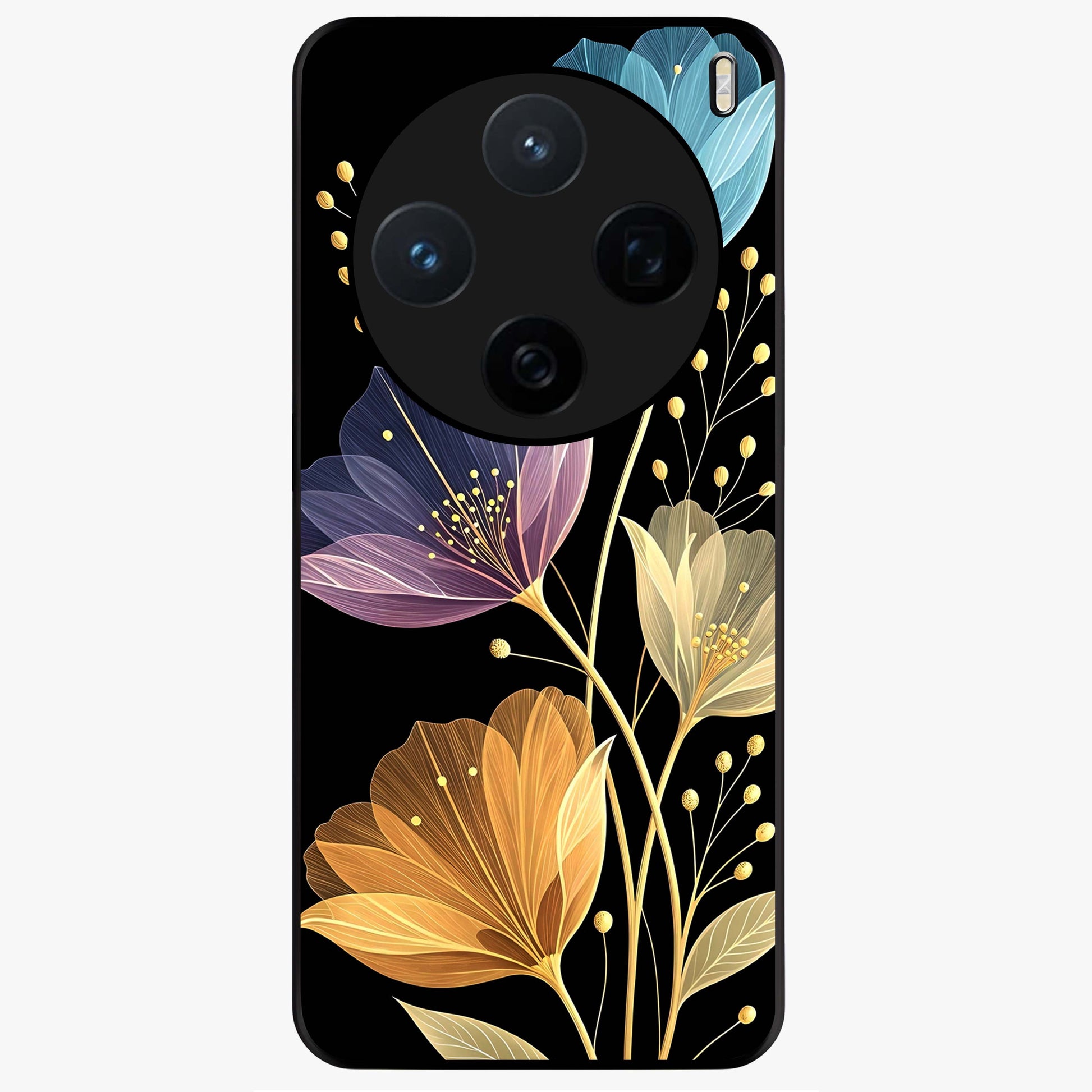 Delicate Multicolor Flowers Glass Case showing flat back view with vibrant floral artwork and glossy glass finish.