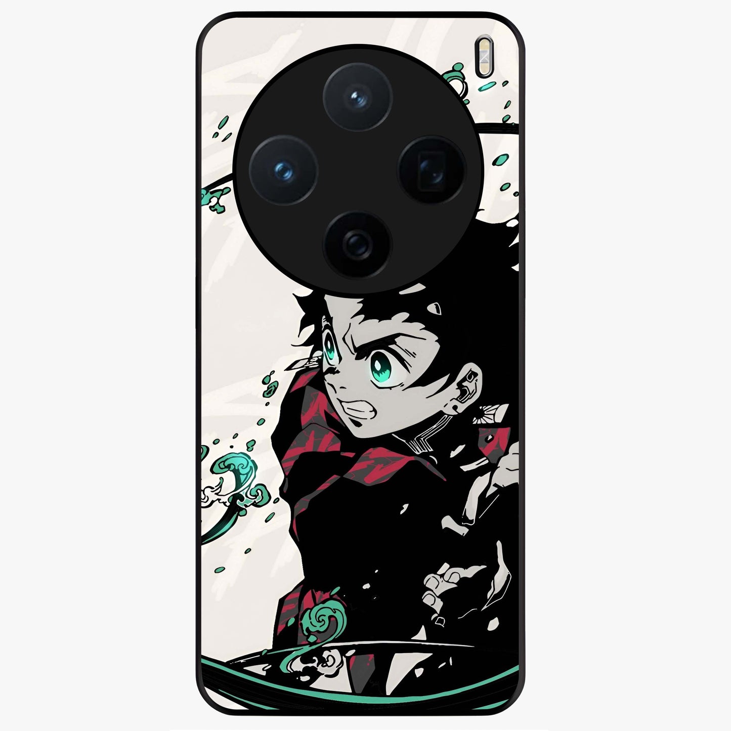 Demon Slayer Glass Case showing flat back view with bold anime inspired artwork and glossy glass finish.