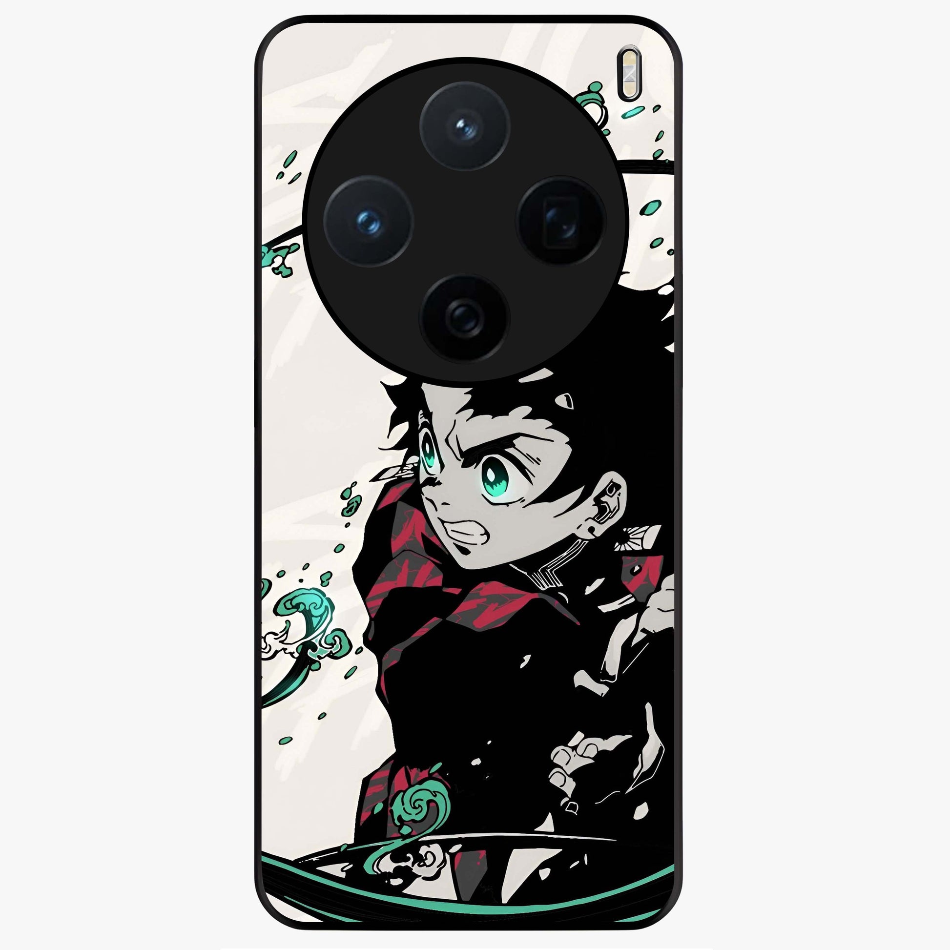 Demon Slayer Glass Case showing flat back view with bold anime inspired artwork and glossy glass finish.