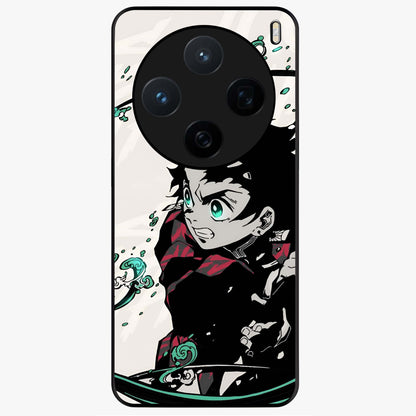 Demon Slayer Glass Case showing flat back view with bold anime inspired artwork and glossy glass finish.