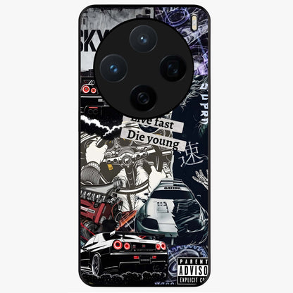 Die Young Glass Case showing flat back view with bold artistic typography design and glossy glass finish.