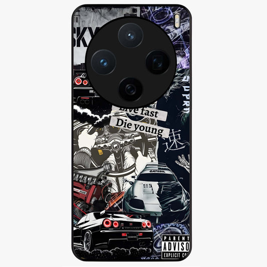 Die Young Glass Case showing flat back view with bold artistic typography design and glossy glass finish.