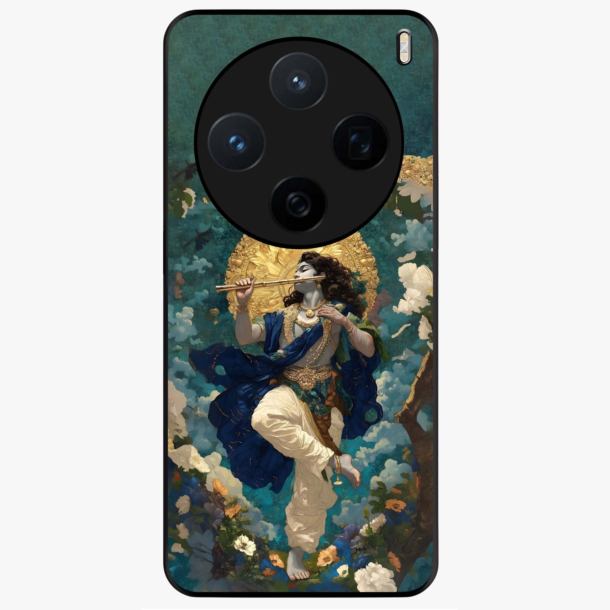 Divine Krishna Art Glass Case showing flat back view with Lord Krishna artwork and glossy glass finish.