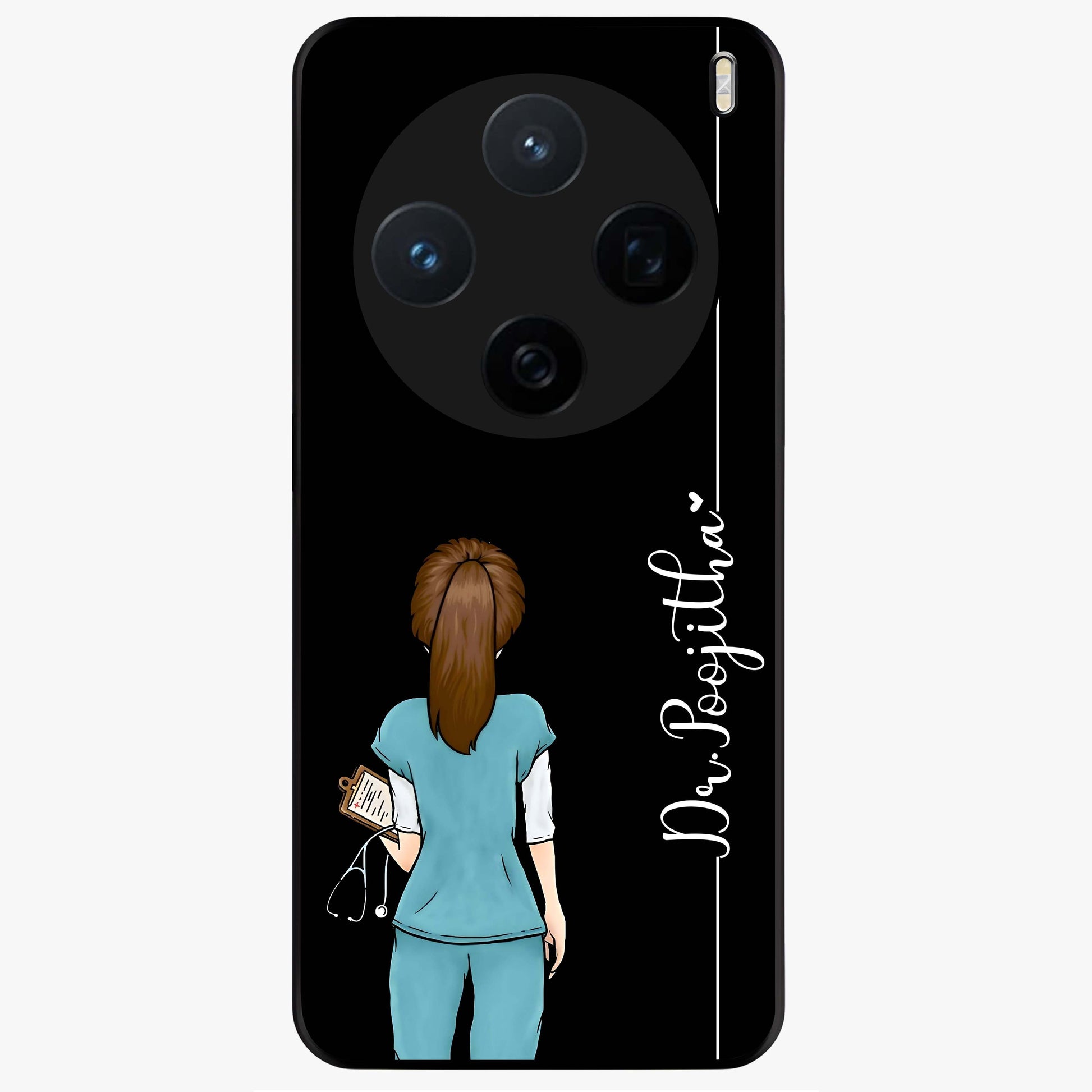 Doctor Pattern Custom Name Glass Case showing flat back view with medical themed pattern and personalized name design.