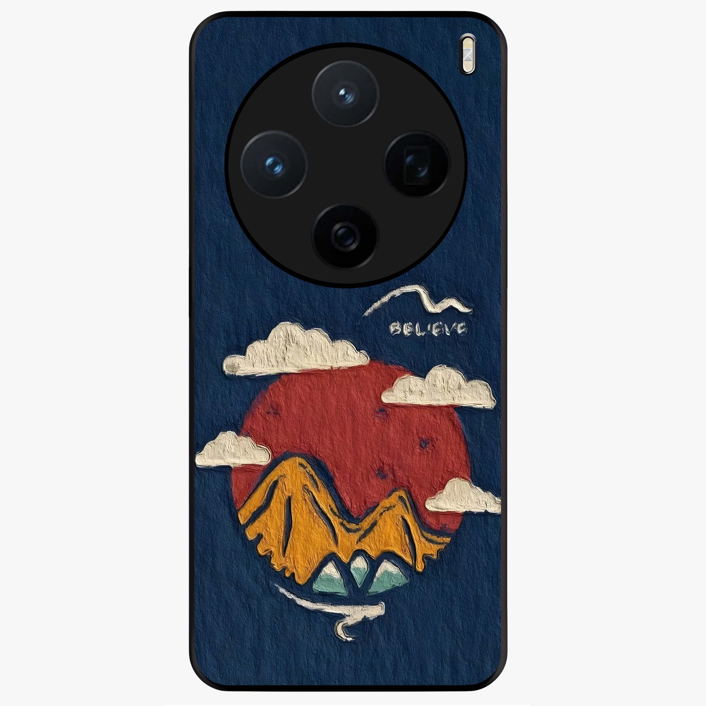 Dream Beyond Mountains Glass Case showing flat back view with scenic mountain landscape artwork and glossy glass finish.