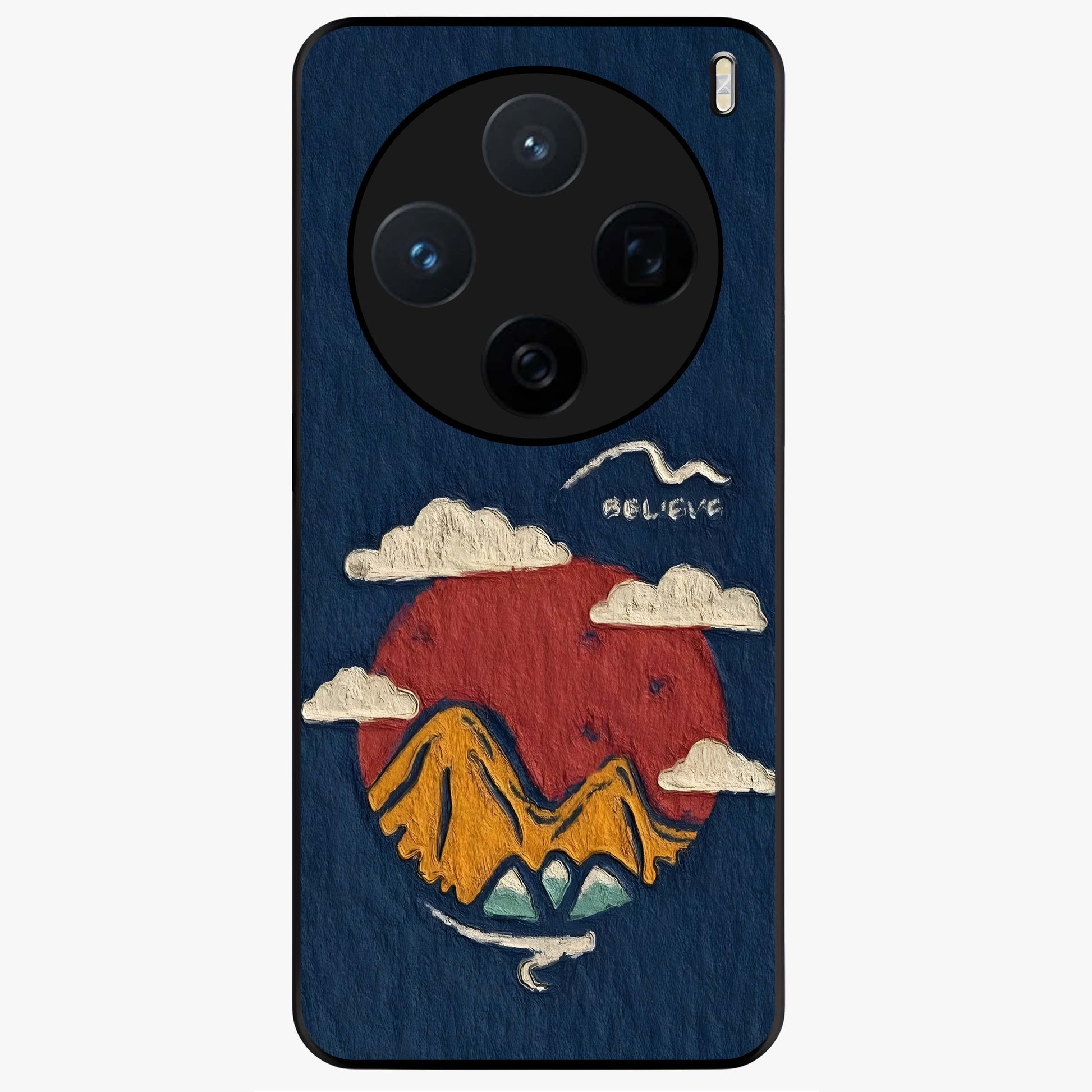Dream Beyond Mountains Glass Case showing flat back view with scenic mountain landscape artwork and glossy glass finish.