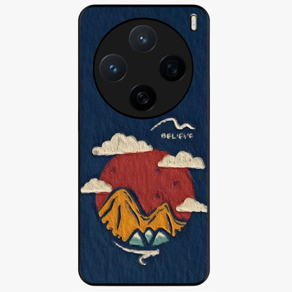 Dream Beyond Mountains Glass Case showing flat back view with scenic mountain landscape artwork and glossy glass finish.