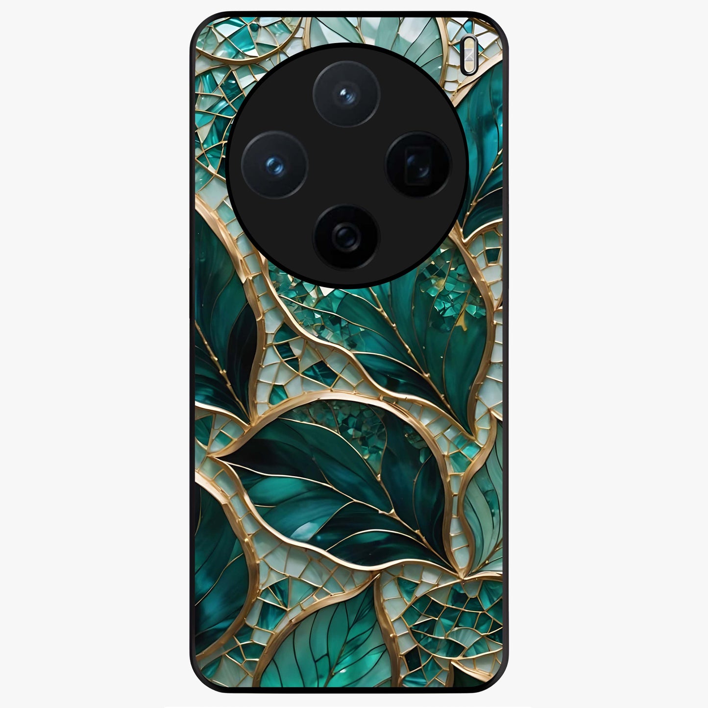 Emerald Leaf Glass Glass Case showing flat back view with emerald green leaf artwork and glossy glass finish.