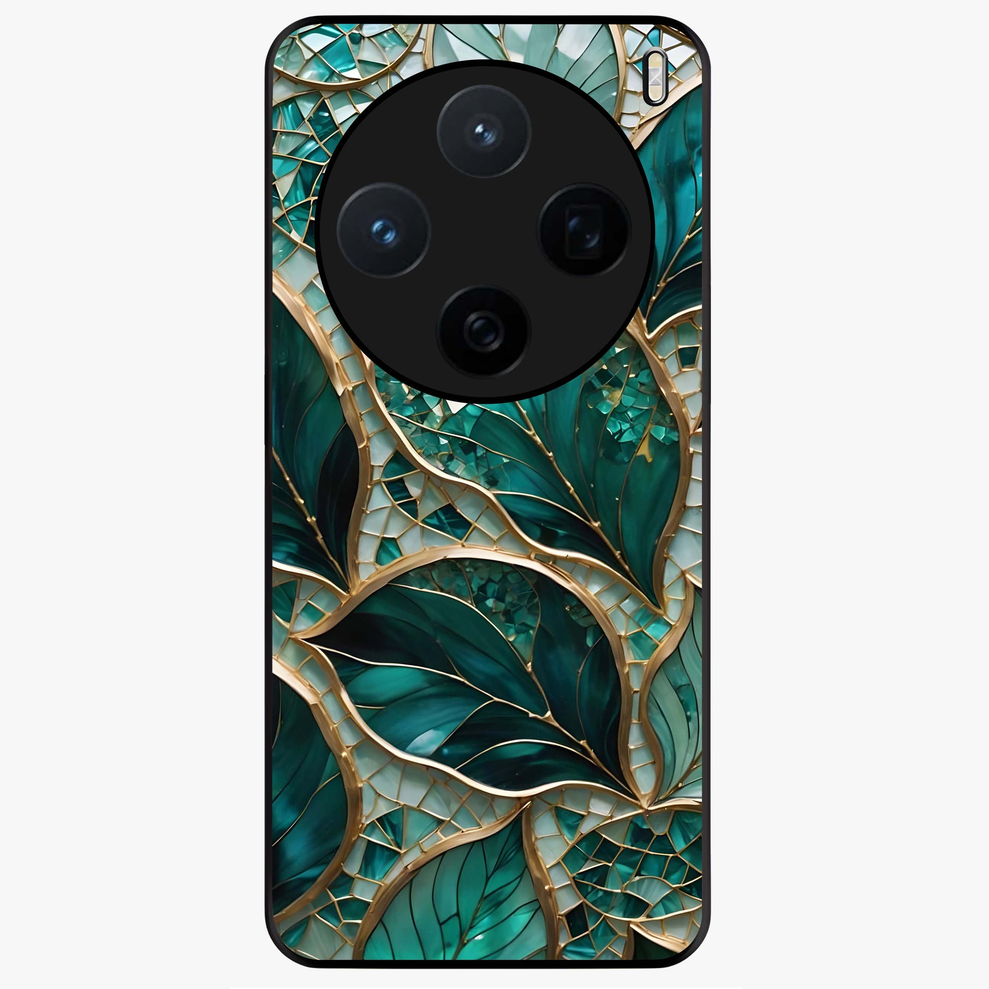 Emerald Leaf Glass Glass Case showing flat back view with emerald green leaf artwork and glossy glass finish.