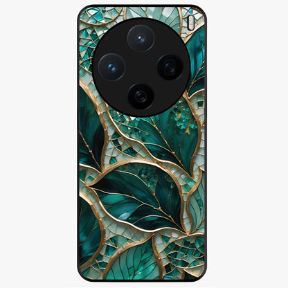Emerald Leaf Glass Glass Case showing flat back view with emerald green leaf artwork and glossy glass finish.
