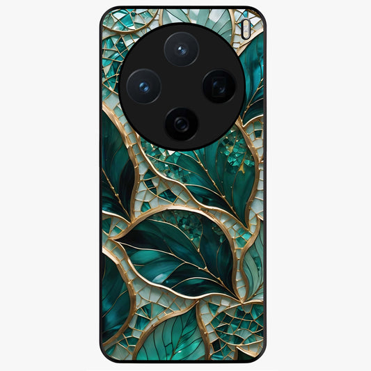 Emerald Leaf Glass Glass Case showing flat back view with emerald green leaf artwork and glossy glass finish.