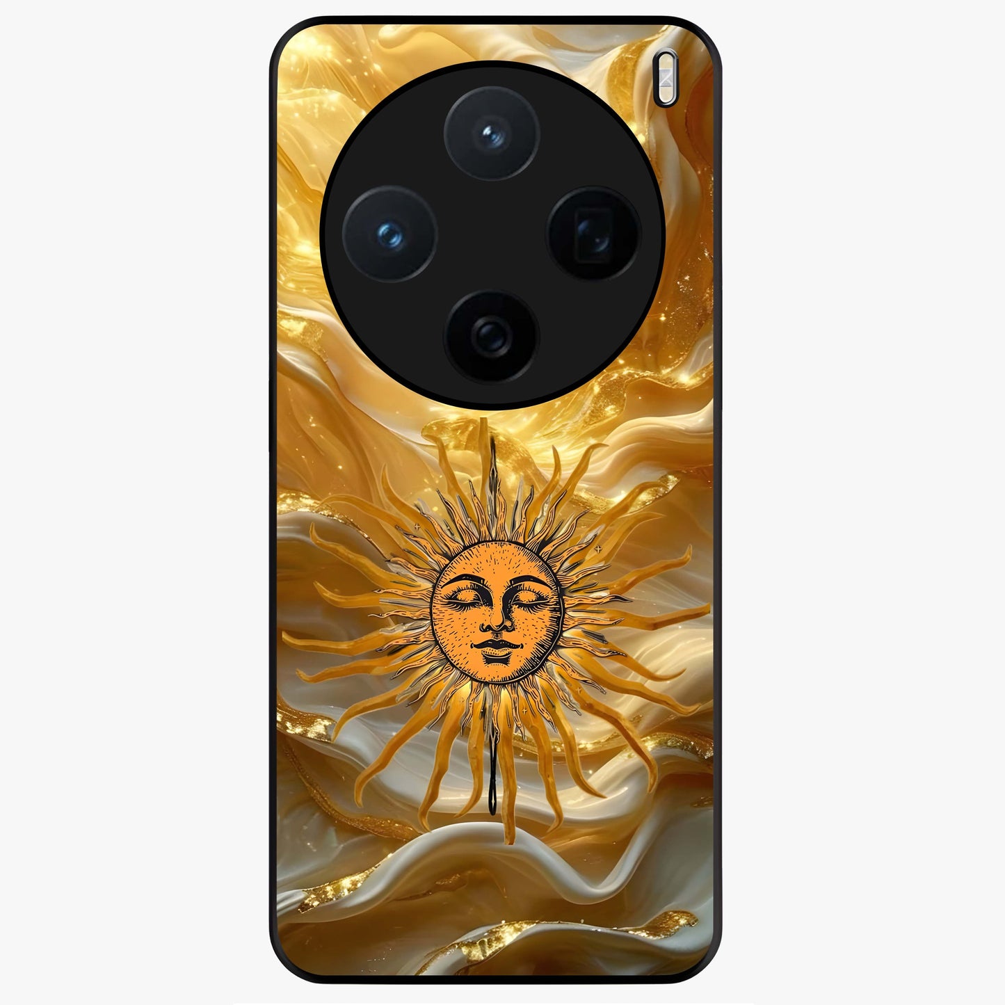 Eternal Golden Glow Glass Case showing flat back view with radiant golden themed artwork and glossy glass finish.