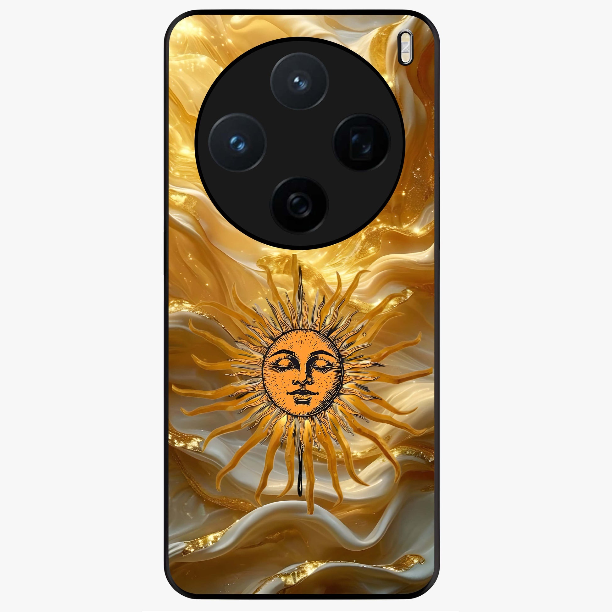 Eternal Golden Glow Glass Case showing flat back view with radiant golden themed artwork and glossy glass finish.