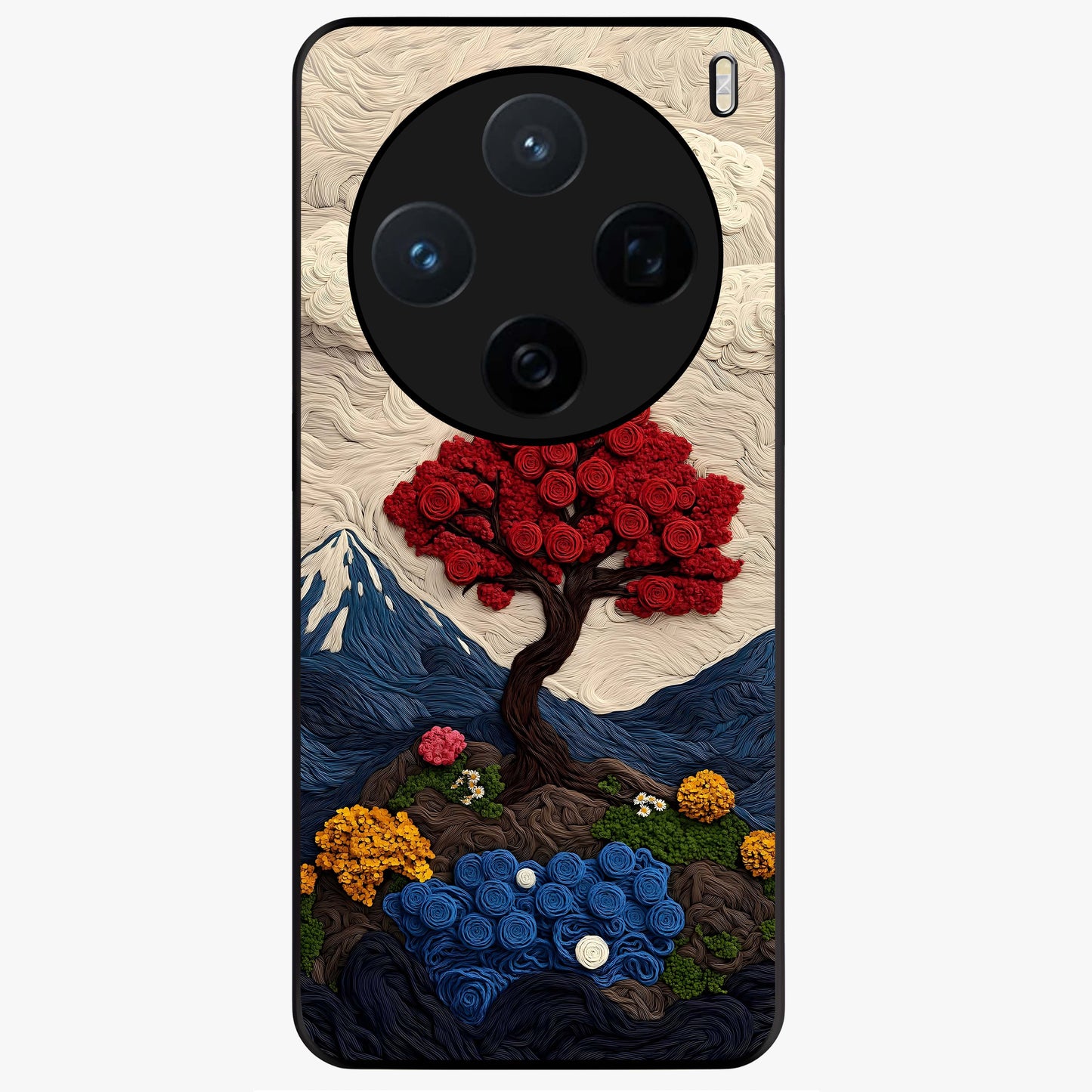 Eternal Nature Tapestry Glass Case showing flat back view with intricate nature tapestry artwork and glossy glass finish.