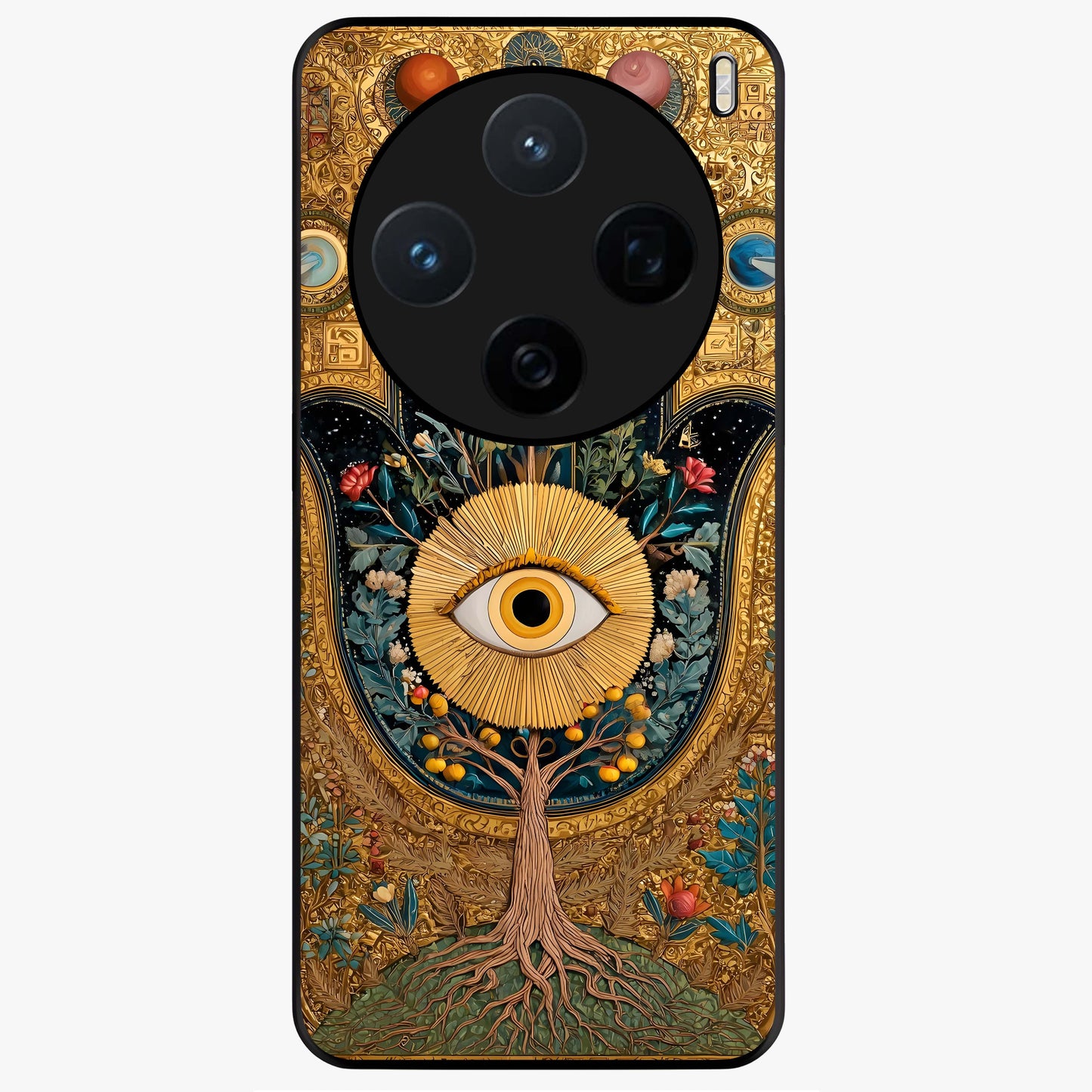Ethereal Evil Eye Glass Case showing flat back view with mystical evil eye artwork and glossy glass finish.