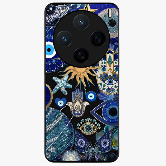 Evil Eye Charm Mix Glass Case showing flat back view with multiple evil eye charms artwork and glossy glass finish.