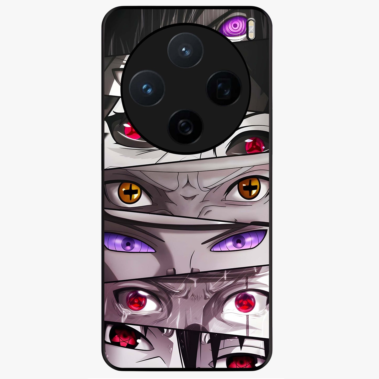 Eyes of Destiny Glass Case showing flat back view with striking eye themed artwork and glossy glass finish.
