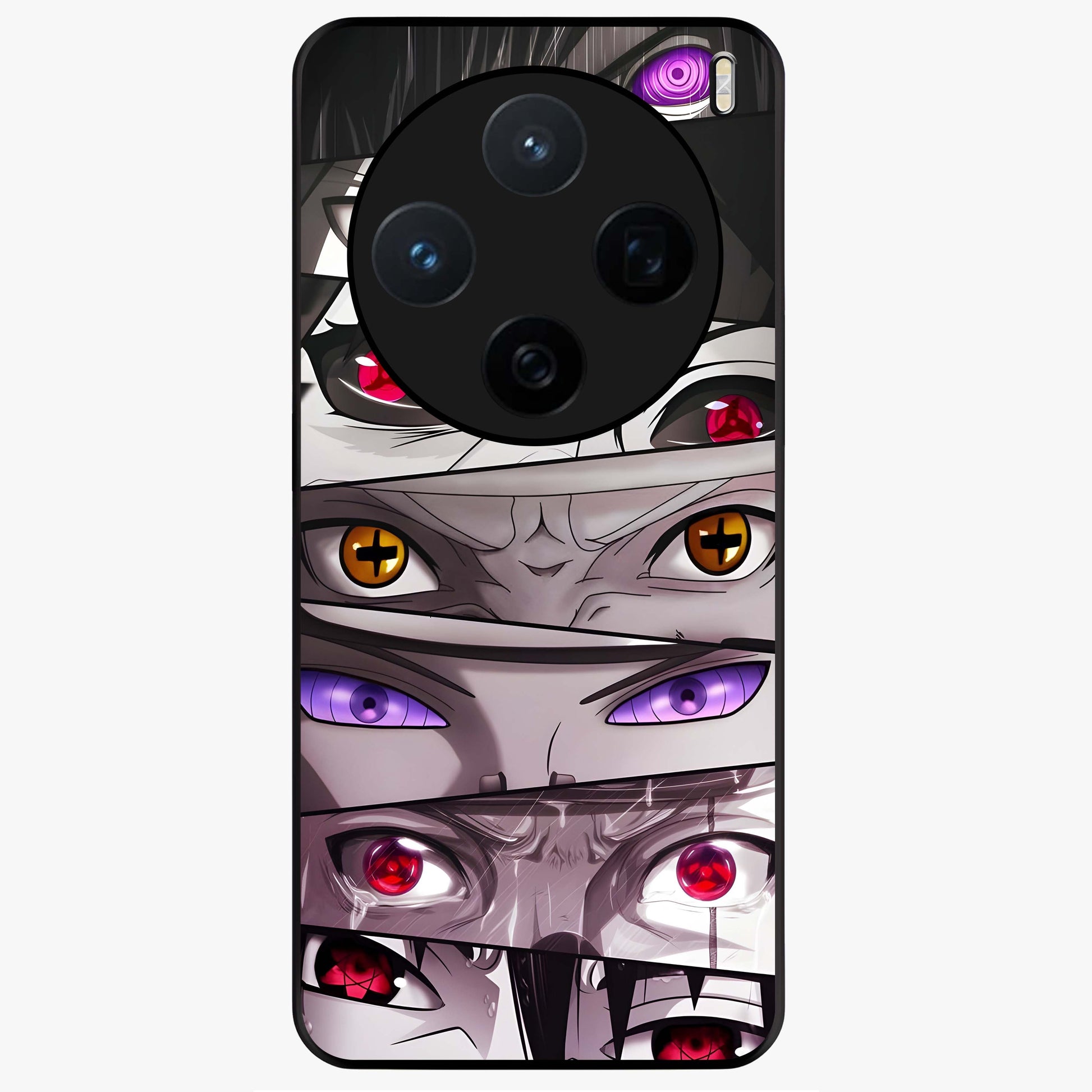 Eyes of Destiny Glass Case showing flat back view with striking eye themed artwork and glossy glass finish.