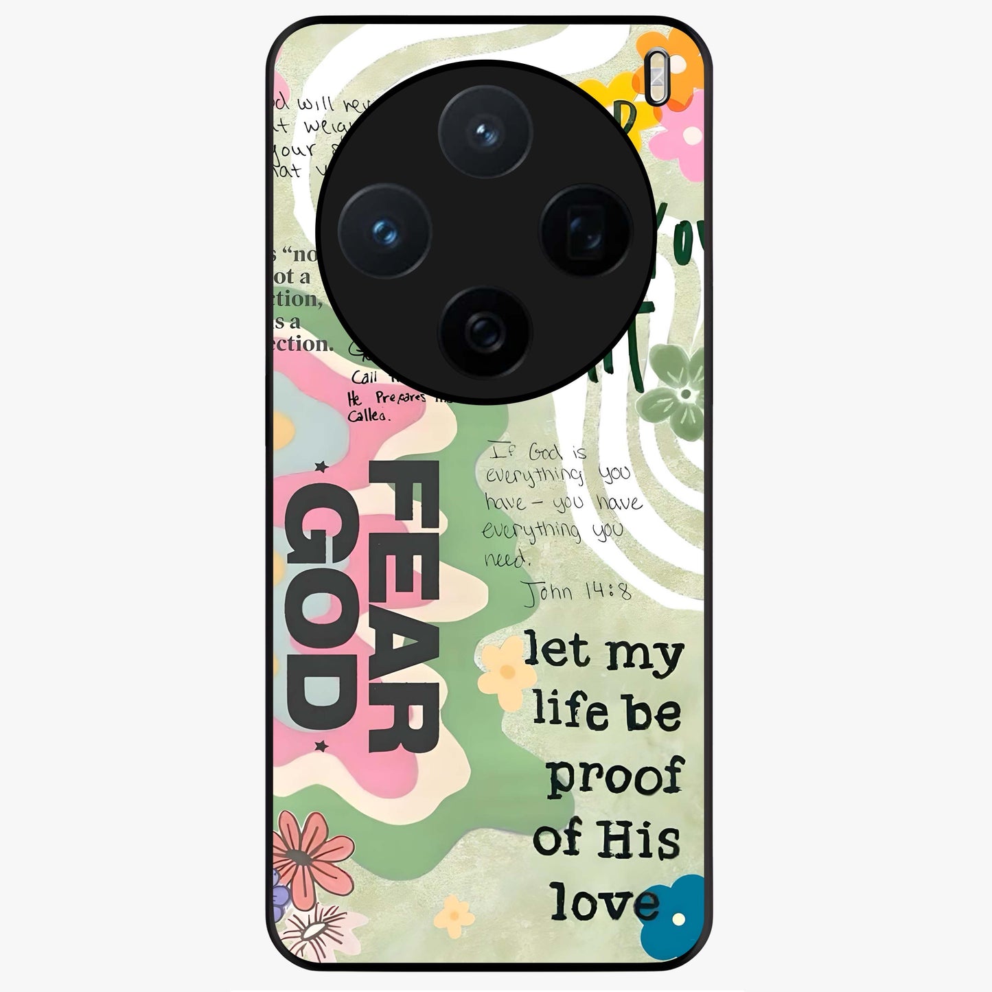 Faith Over Fear Glass Case showing flat back view with motivational typography artwork and glossy glass finish.
