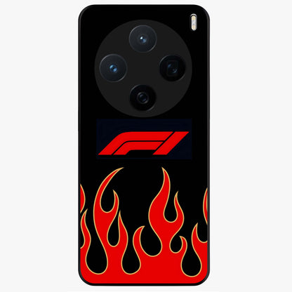 Fire F11 Glass Case showing flat back view with fiery themed artwork and glossy glass finish.