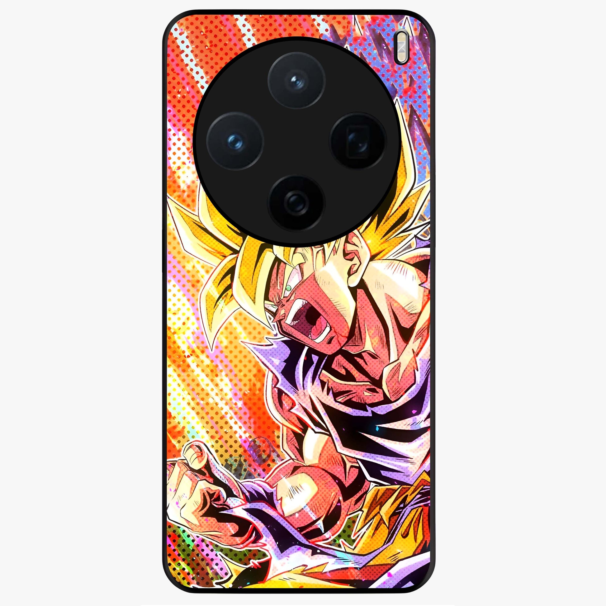 Firing Goku Glass Case showing flat back view with powerful anime inspired artwork and glossy glass finish.