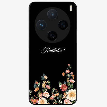 Floral Design With a Custom Personalized Name Glass Case showing flat back view with floral artwork and personalized name design.