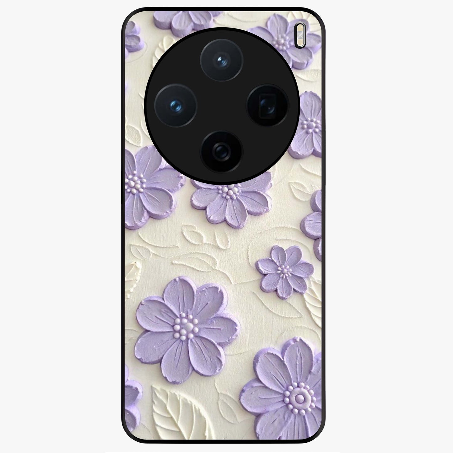 Floral Wall Art With Purple Flowers Glass Case showing flat back view with purple flower artwork and glossy glass finish.