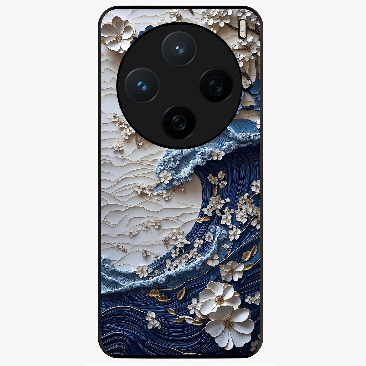 Floral Wave Origami Glass Case showing flat back view with origami inspired floral wave artwork and glossy glass finish.