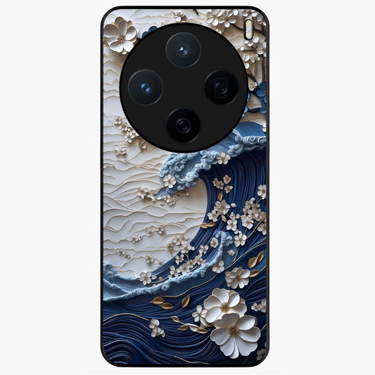 Floral Wave Origami Glass Case showing flat back view with origami inspired floral wave artwork and glossy glass finish.