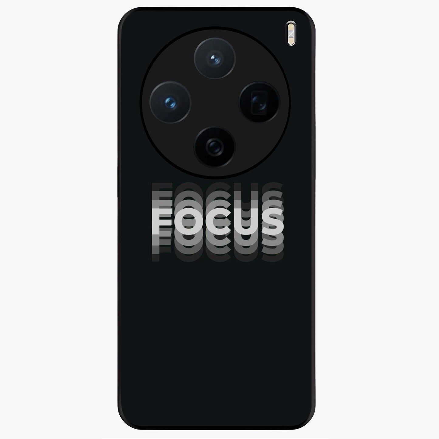 Focus Mode On Glass Case showing flat back view with bold motivational typography design and glossy glass finish.