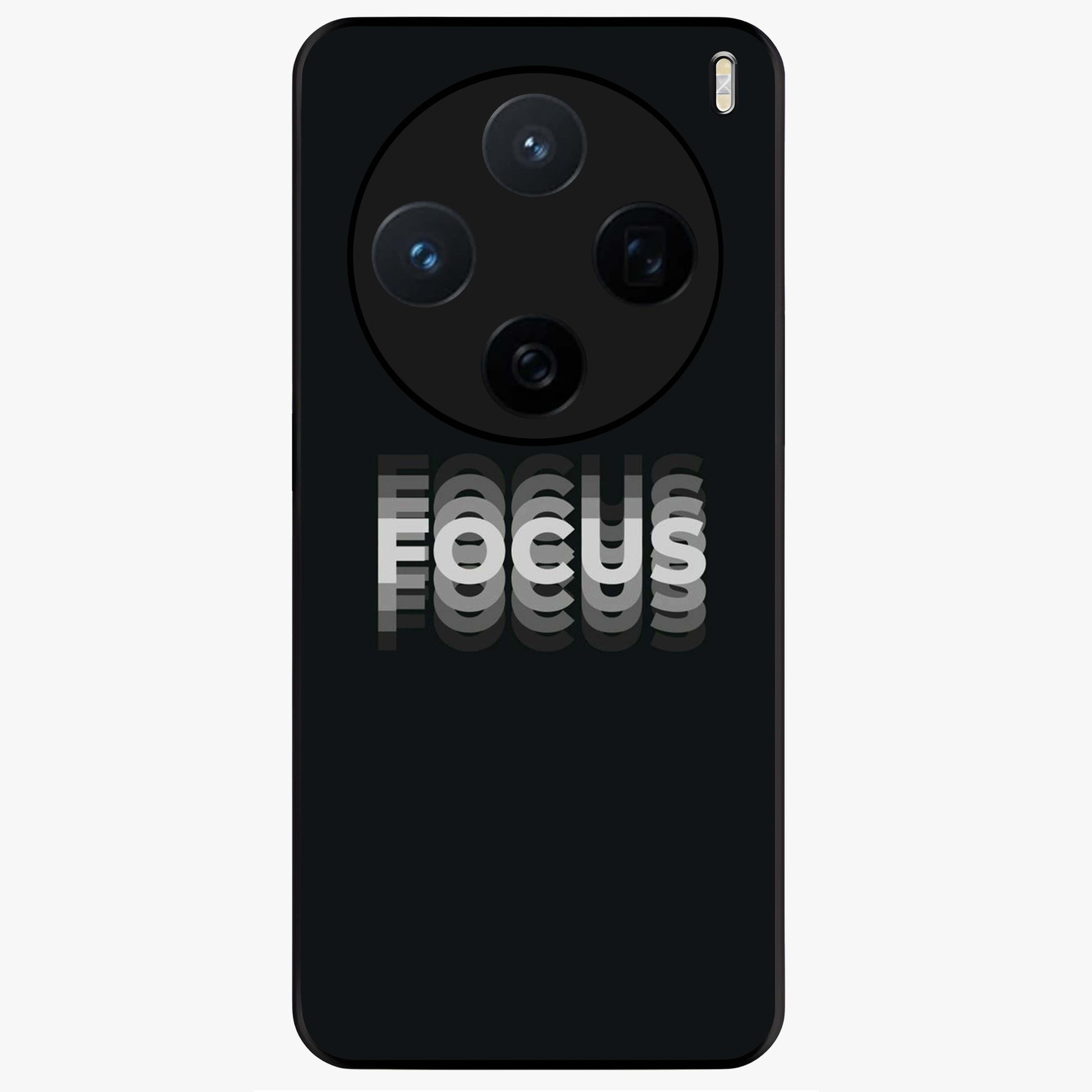 Focus Mode On Glass Case showing flat back view with bold motivational typography design and glossy glass finish.