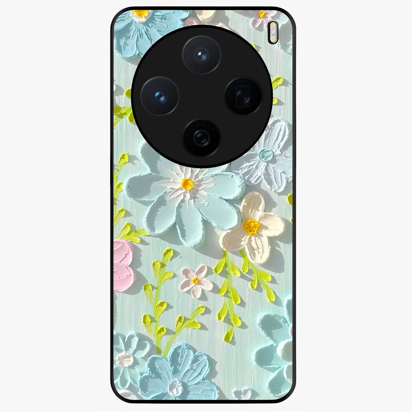 Frosted Petal Garden Glass Case showing flat back view with soft frosted floral artwork and glossy glass finish.