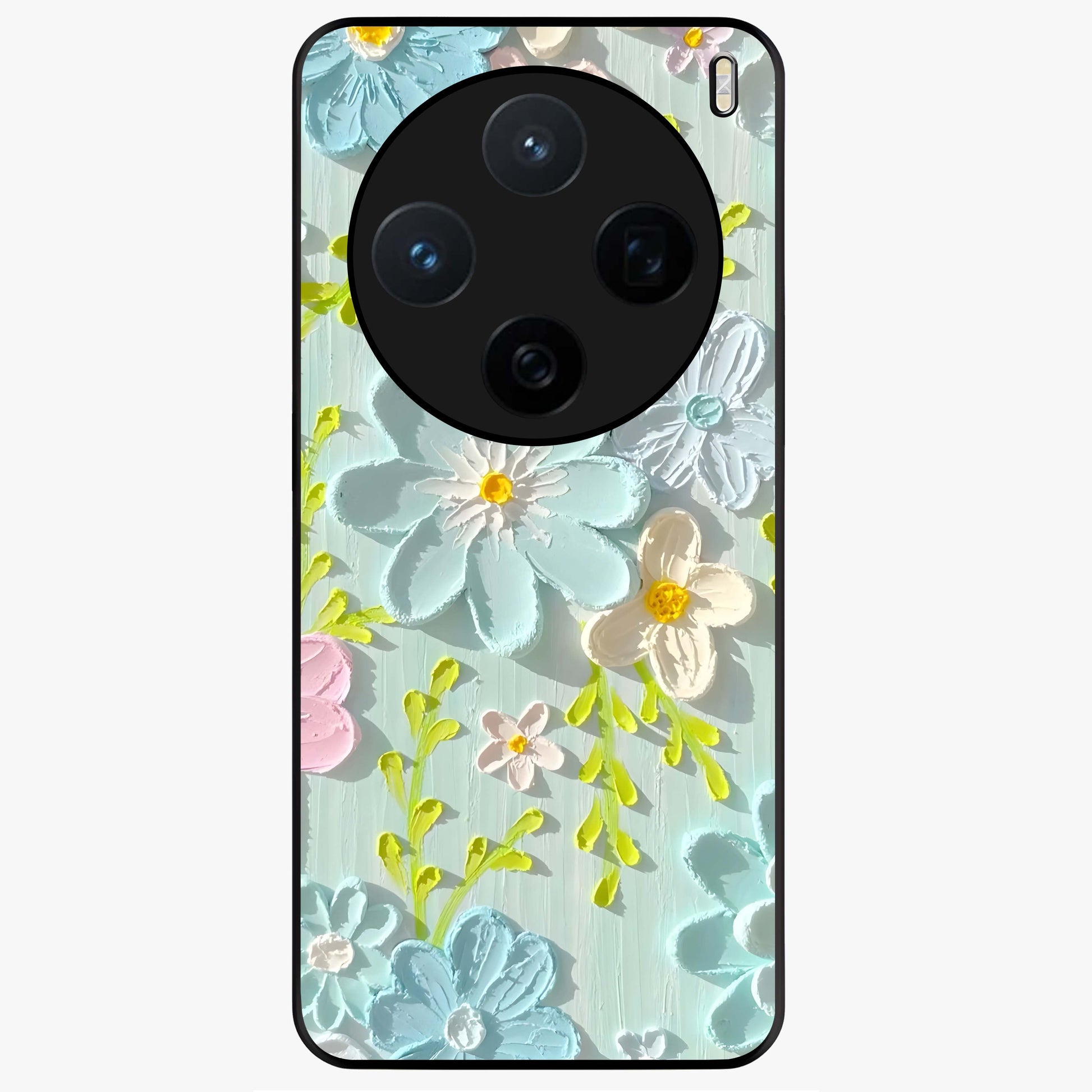 Frosted Petal Garden Glass Case showing flat back view with soft frosted floral artwork and glossy glass finish.
