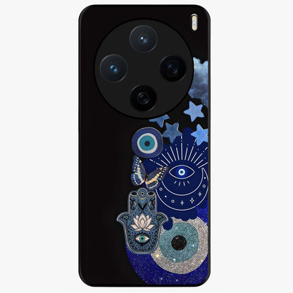 Galactic Charm Cluster Glass Case showing flat back view with glowing celestial charm artwork and glossy glass finish.