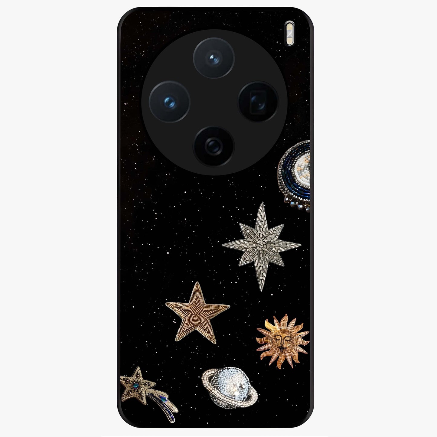 Galactic Charm Glow Glass Case showing flat back view with glowing celestial charm artwork and glossy glass finish.